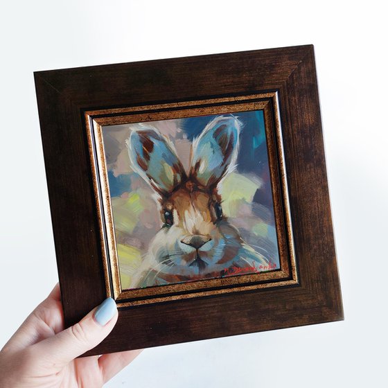 Funny rabbit oil painting original art 6x6, Pet portrait, Rabbit illustration ready to ship, Nursery wall art rabbit lover gift Christmas