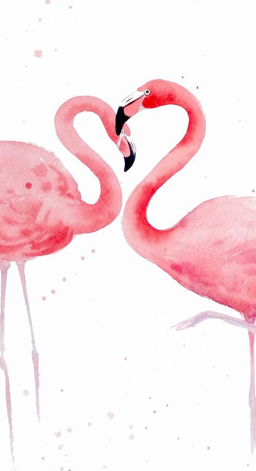 Flamingos Heart #2 - Two Pink by Olga Beliaeva Watercolour