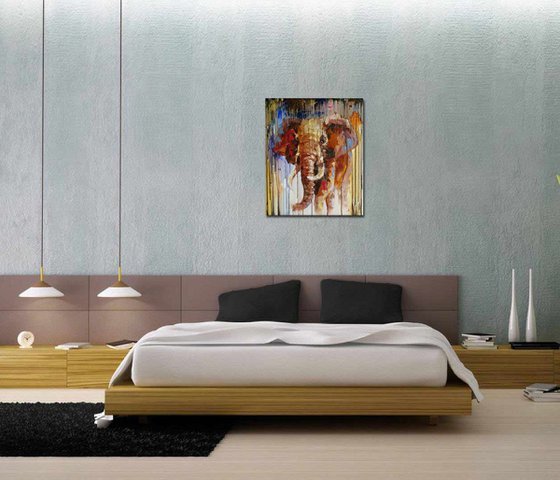 Coming out of the jungle - african elephant, painting on canvas, animals oil painting, Impressionism, palette knife, gift.