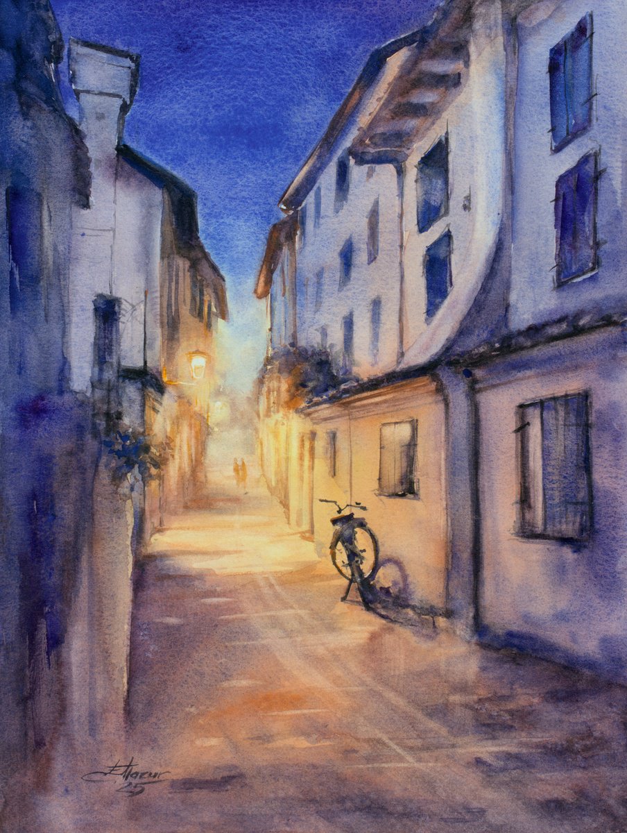 Impressionistic Cityscapes Watercolour By Eve Mazur, 12 X 16, Blue Hour, Original Artwork