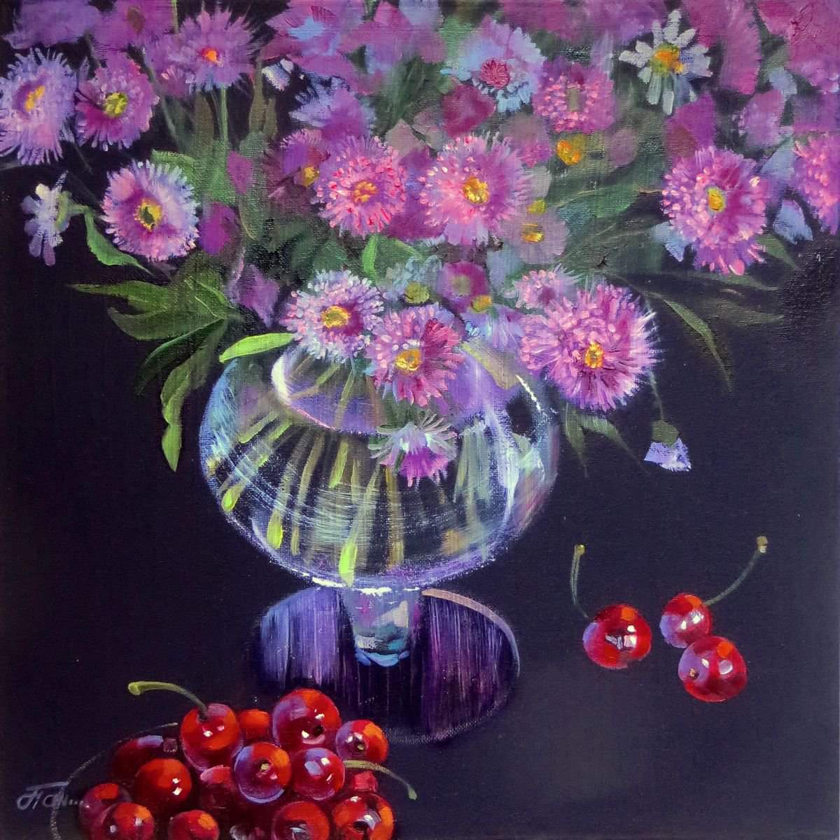 FLOWERS and CHERRIES, oil on canvas, 50x50 by Olga Panina