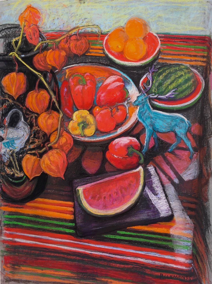 Impressionistic Still Life Painting By Patricia Clements, 30 X 36", Christmas With Blue Stag, Original Artwork