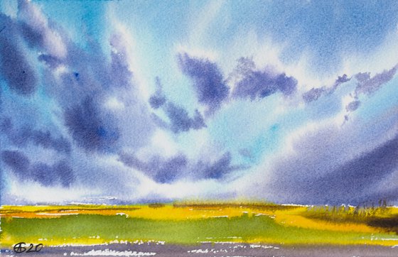 View from the train window series. Spain landscape. Original watercolor. Small watercolor natural sky clouds landscape