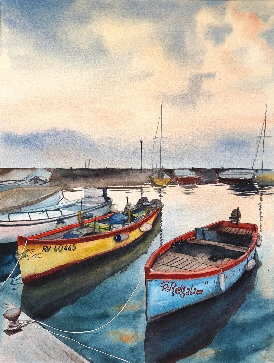 Photorealistic Landscape Watercolour By Tetiana Koda, 12 X 15", Boats, Original Artwork