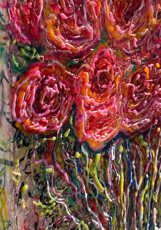 Abstract Roses Bouquet Pink Flowers Painting Thick Textured Palette Knife Combined with Jackson Pollock Contemporary Technique