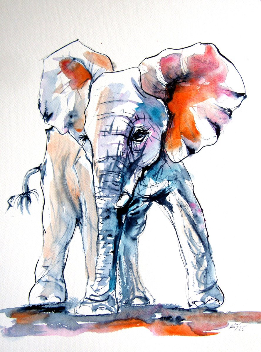 Impressionistic Animal Watercolour By Kovacs Anna Brigitta, 11 X 15", Elephant Baby, Original Artwork