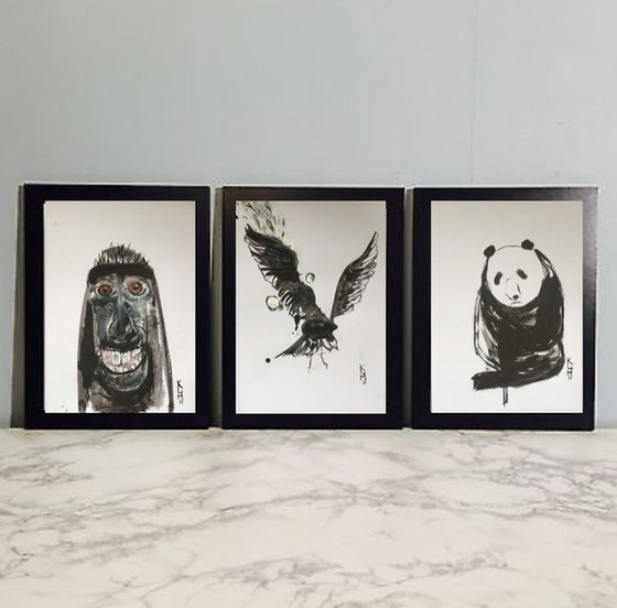 The Animal Kingdom Monkey Art Bird Painting Panda Artwork Pet Portrait Acrylic on Watercolour Paper Animal Painting Gift Ideas Original Art 3 Artwork 66x90cm