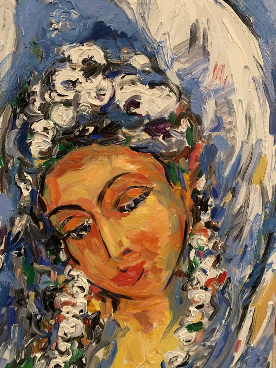 ANGEL - female portrait, face, snow winter theme, original oil painting 70x50