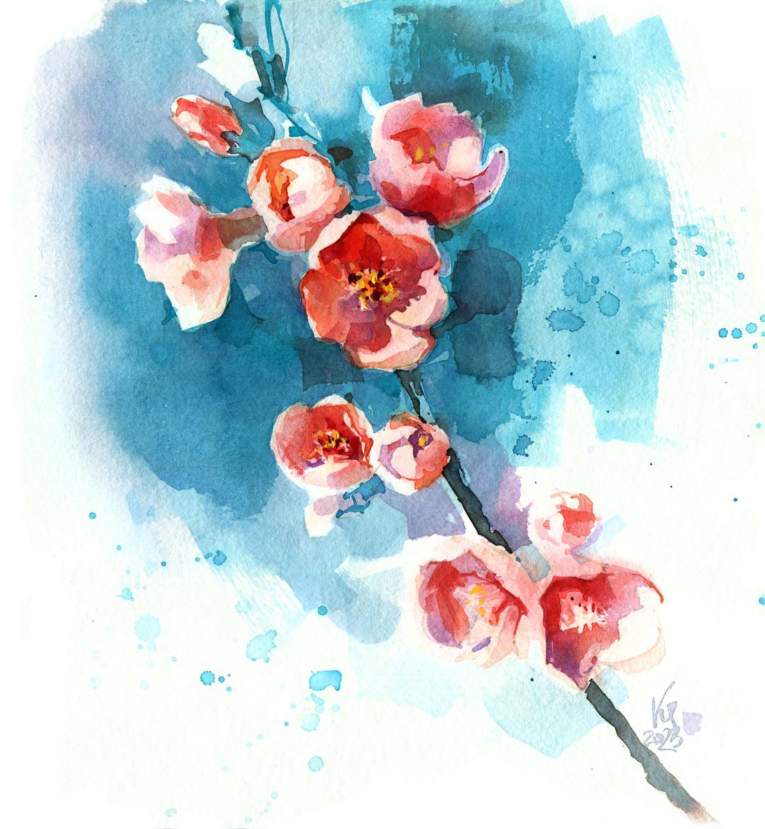 Original watercolor painting Spring. Blooming quince twig by Ksenia Selianko