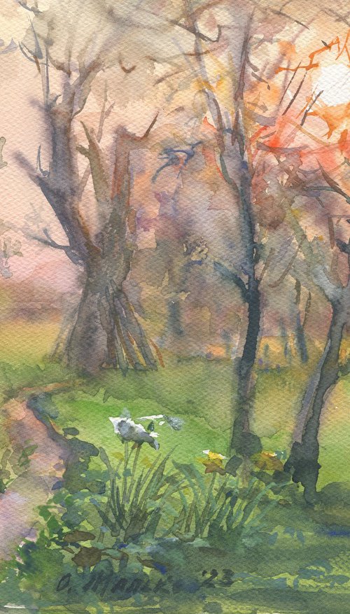 And the nightingales will sing soon... The path in my spring garden / ORIGINAL watercolor 12,2x9,1in (31x23cm) by Olha Malko