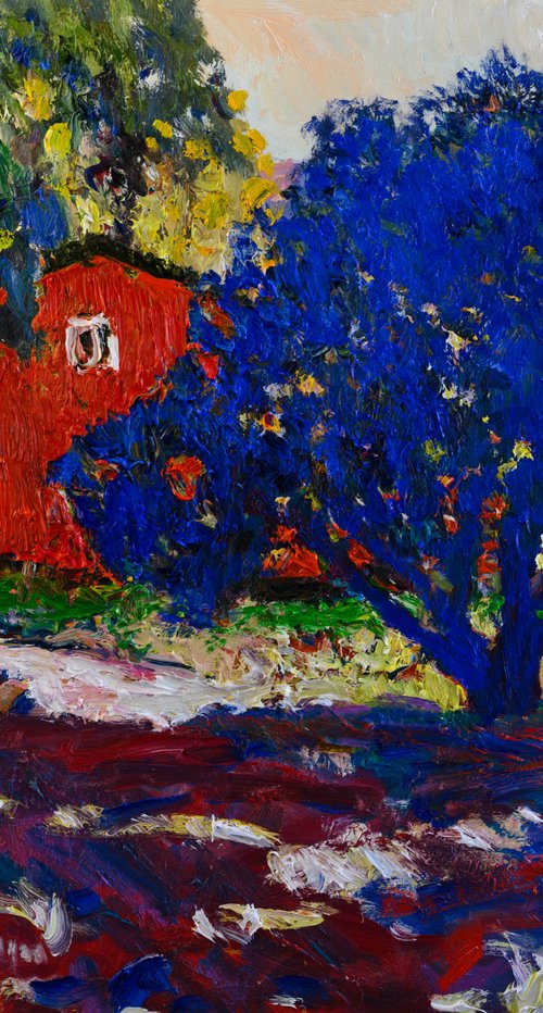 Red BArn and Blue Tree by Suren Nersisyan