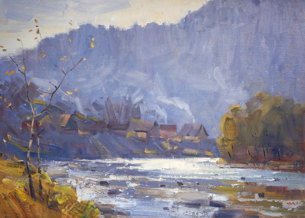 Impressionistic Landscape Oil Painting By Vasyl Moldavchuk, 28 X 20", Mountain River Tysa, Original Artwork