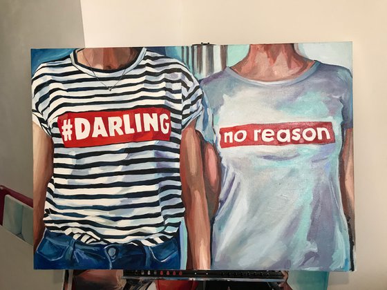 DARLING NO REASON - sign on t-shirt oil painting on canvas red grey white and black strips two girls bachelor interior blue jeans pop art home decor