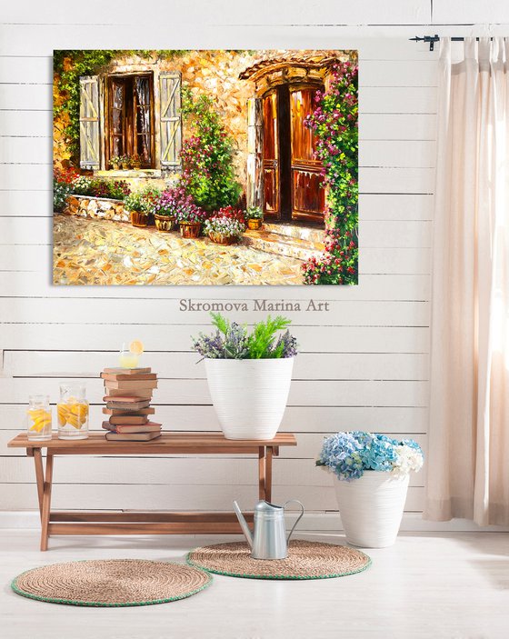 QUIET AFTERNOON - Old Town. Italy. Tuscany. Street. Paving stones. City Garden. Roses Bushes. Shutters. Old House.