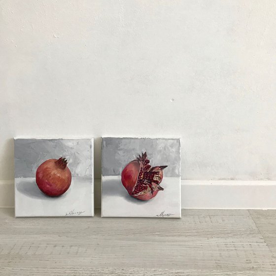 Pomegranate set, oil painting on mini canvas