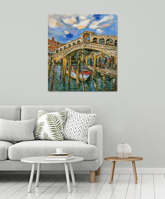 VENICE, RIALTO BRIDGE - Venice cityscape, landscape  - original painting, oil on canvas, architecture, bridge, water, love, vacations , interior home decor