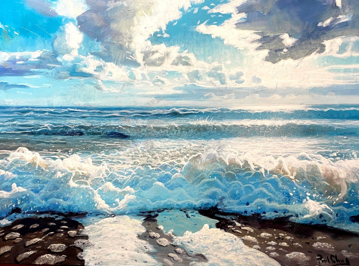 Impressionistic Landscape Acrylic Painting By Paul Cheng, 48 X 36", Sunshine And Blue Ocean, Original Artwork