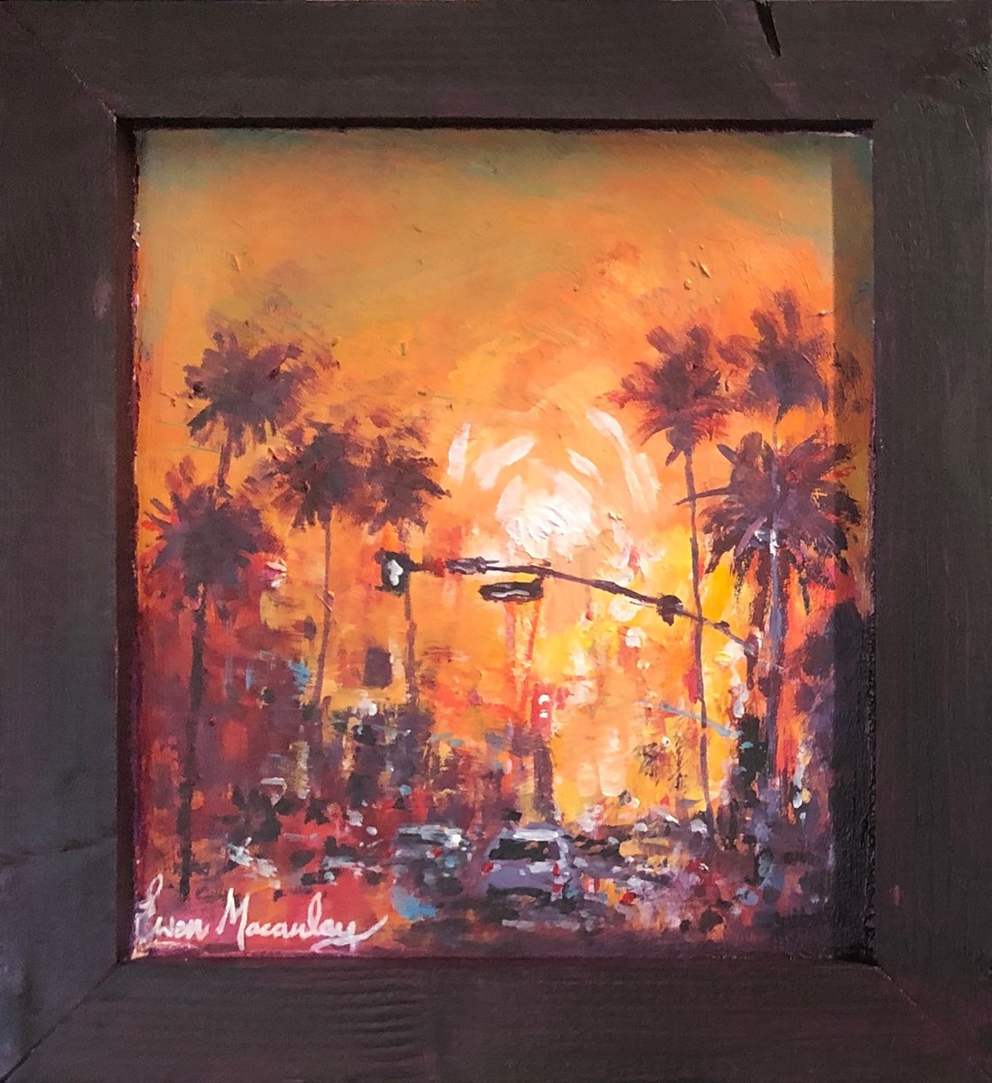 Impressionistic Cityscapes Acrylic Painting By Ewen Macaulay, 10 X 11, L.a Sunset Taxis, Original Artwork