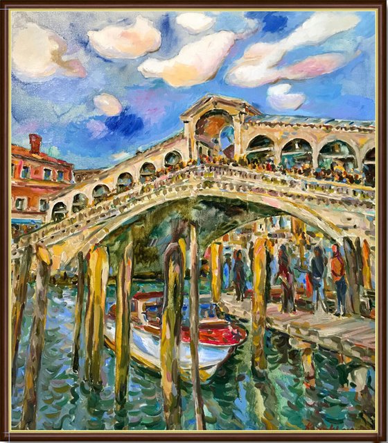 VENICE, RIALTO BRIDGE - Venice cityscape, landscape  - original painting, oil on canvas, architecture, bridge, water, love, vacations , interior home decor