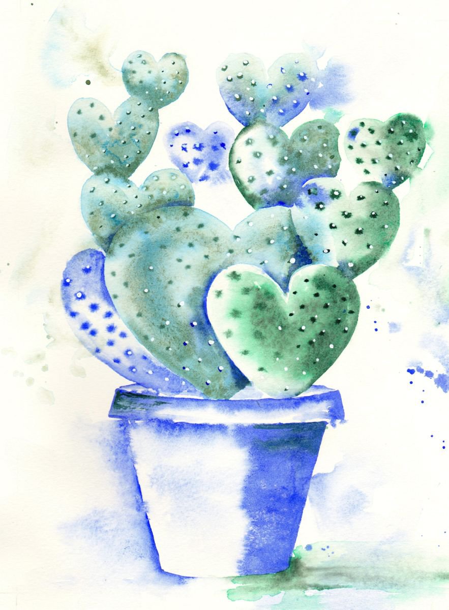 Cactus, Original Watercolour Painting, Cactus Wall Art, Valentine’s Day Gift, Heart painti... by Anjana Cawdell