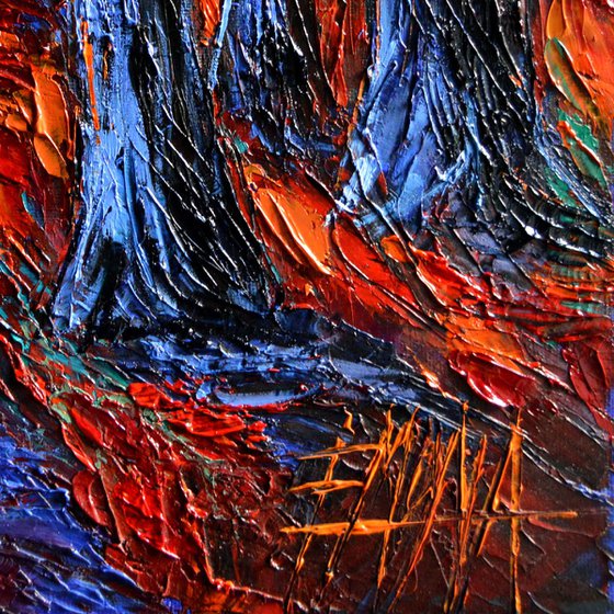 MIDNIGHT SUN WOOD - modern impressionist palette knife oil painting