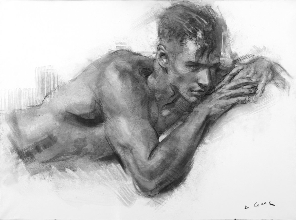 Expressive Portrait Charcoal Drawing By Eugene Segal, 30 X 22, Athlete, Original Artwork