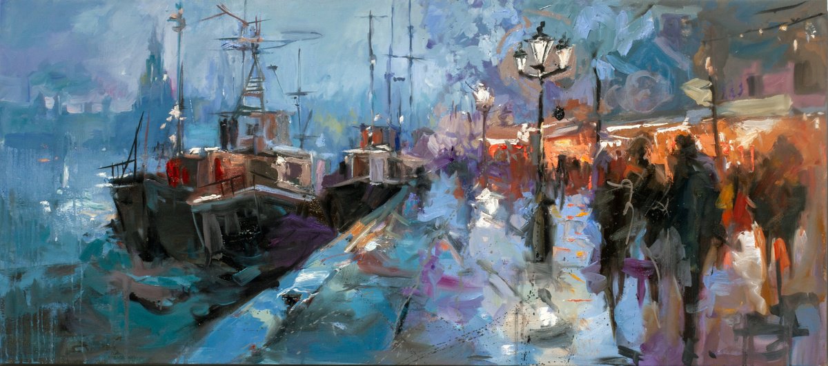 Impressionistic Landscape Oil Painting By Alexandr Klemens, 44 X 20, Harbor Lights, Original Artwork