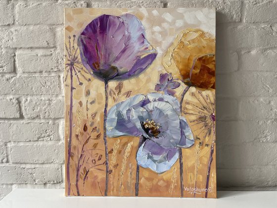 Flowers on yellow. Oil painting, original art