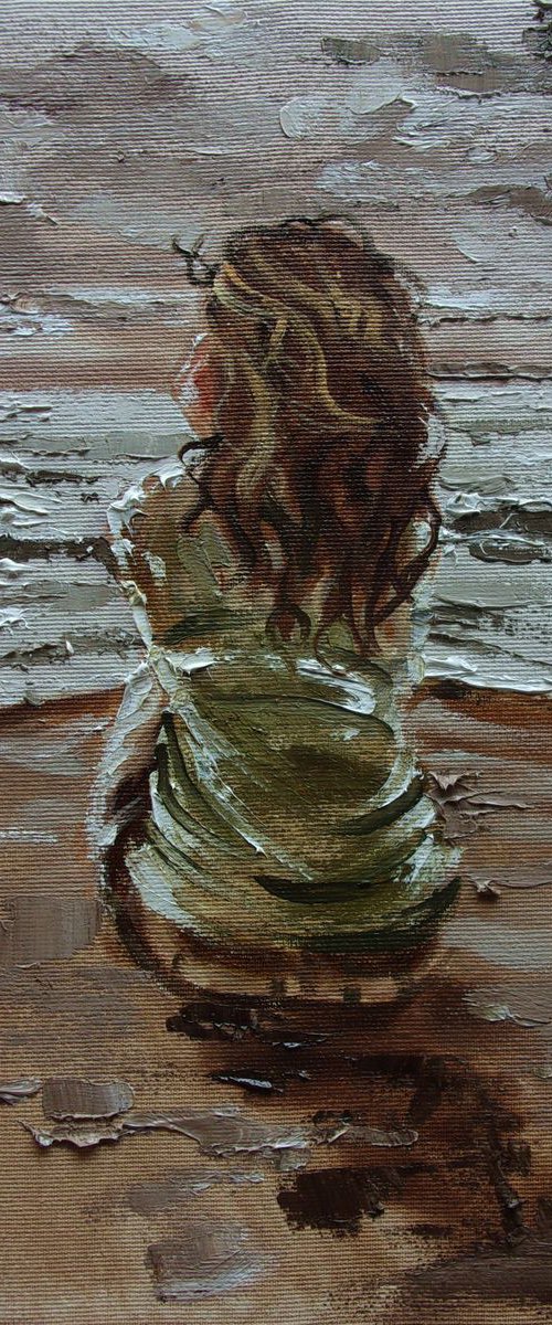 " LISTENING TO SILENCE ... " original painting SEA spring palette knife GIFT by Monika Luniak