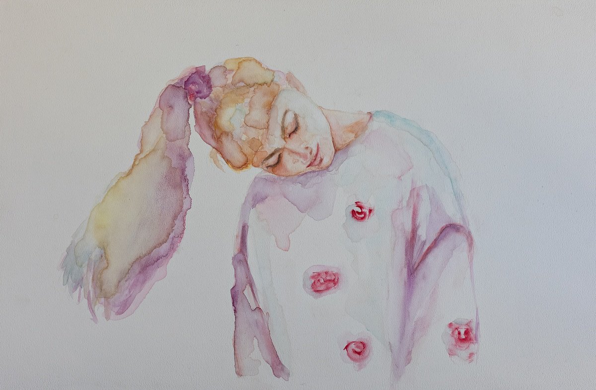 Surrealistic Portrait Watercolour By Anastasia Bas, 24 X 16, Mood, Original Artwork