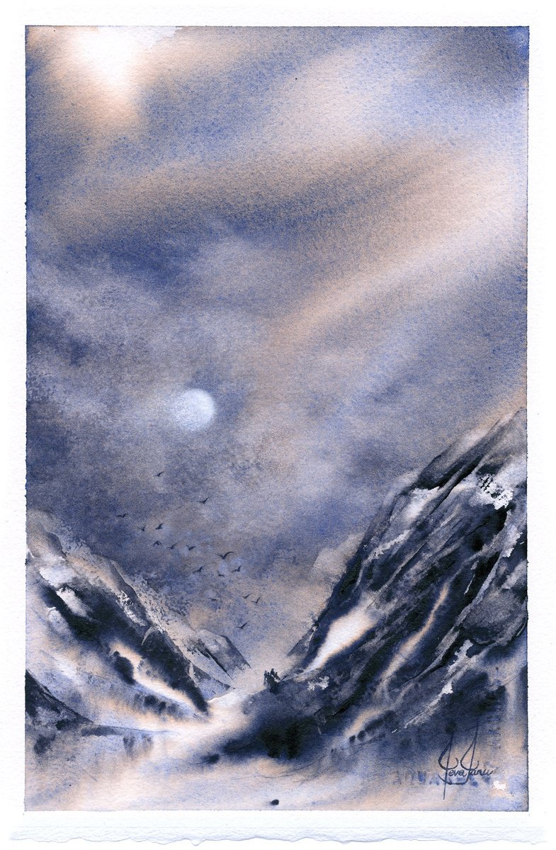 Impressionistic Landscape Watercolour By Ieva Janu, 7 X 11, Mountains Ix, Original Artwork