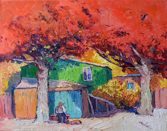 Green House and Red Trees, Autumn Landscape