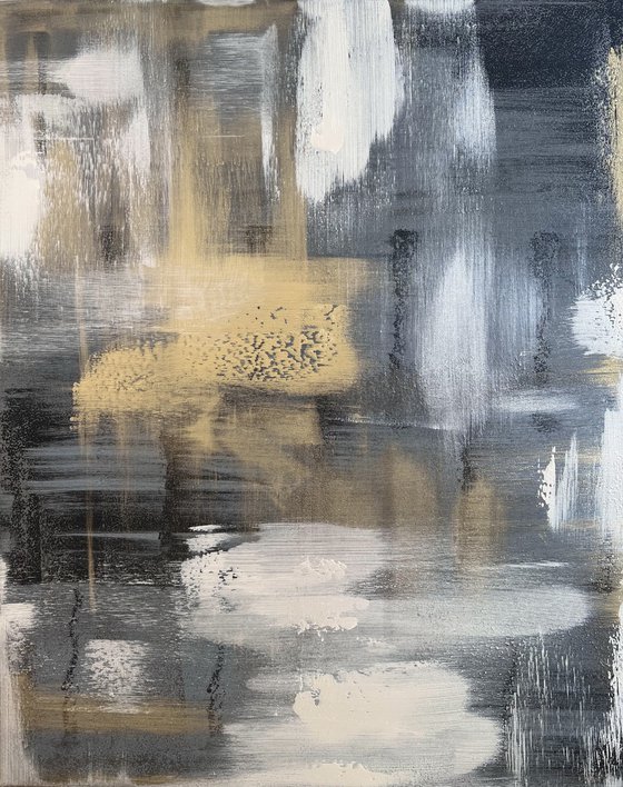 100x80cm Black and gold. Gray and gold abstract painting. Nacre.