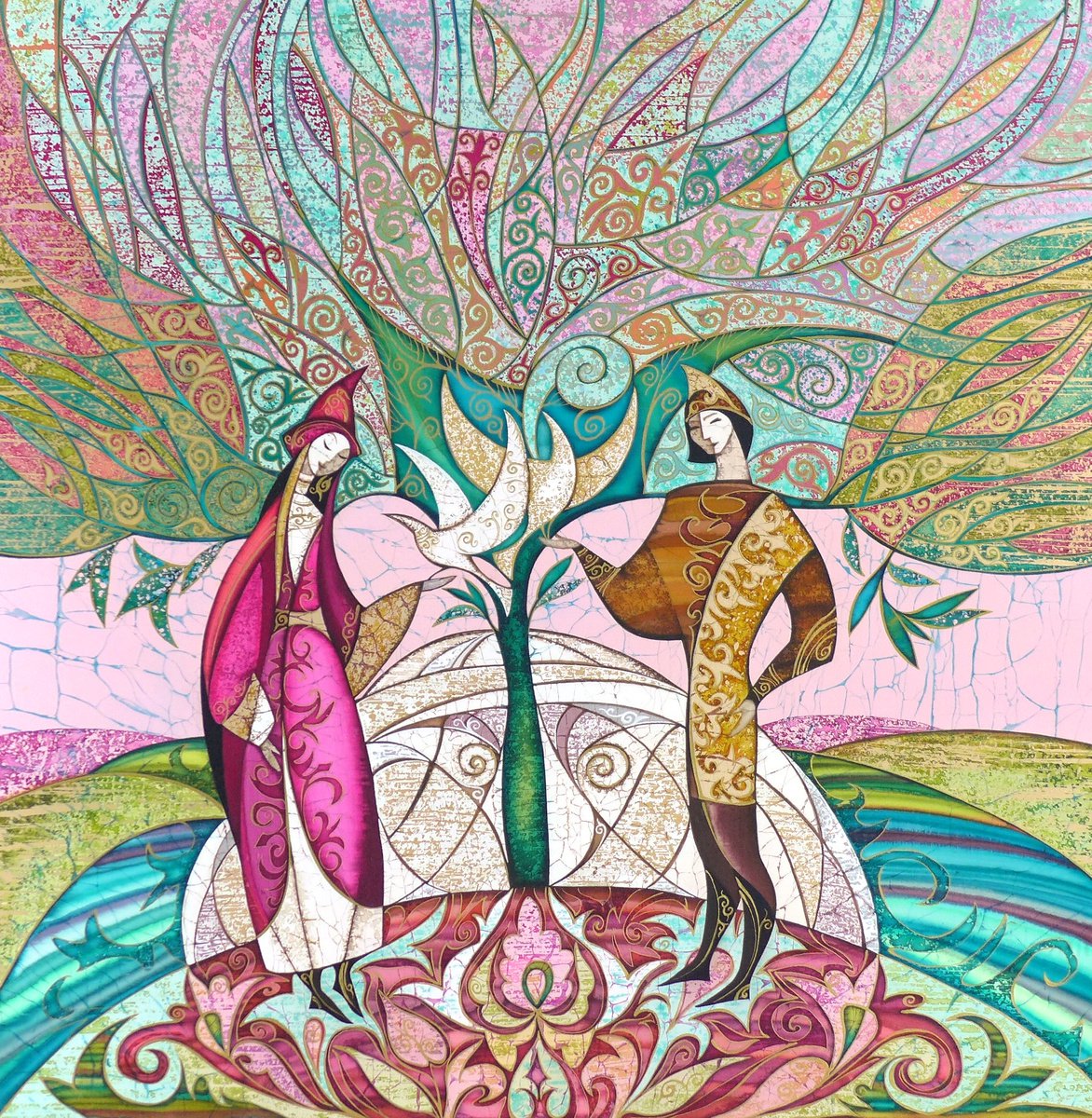 Illustrative Botanical Acrylic Painting By Julia Ismambetova, 28 X 28", Nowruz. Calendar Of Nomads., Original Artwork