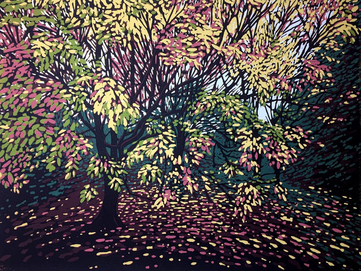 Impressionistic Landscape Linocut By Alexandra Buckle, 18 X 14, Autumn Tree Blush, Original Artwork