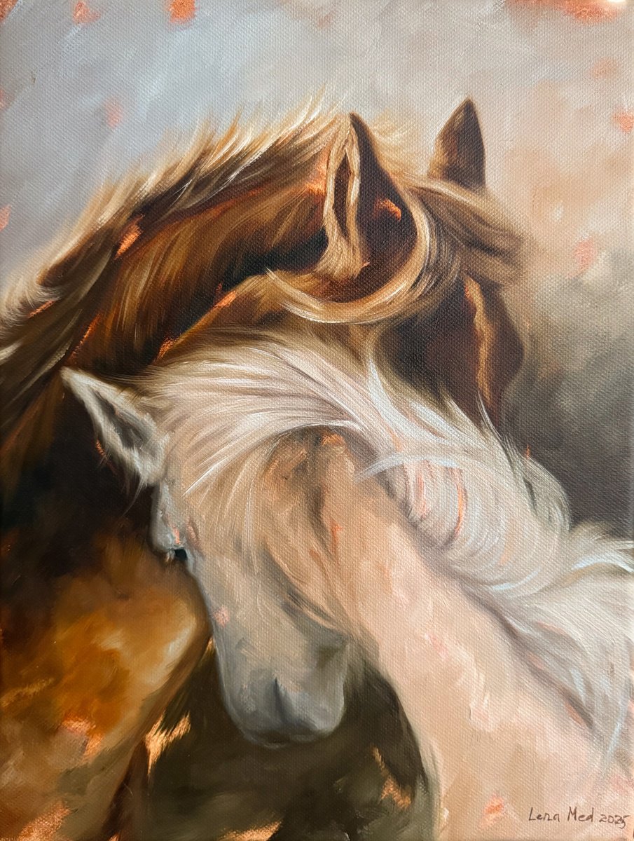 Expressive Animal Oil Painting By Lena Med, 12 X 16", Two Horses, Original Artwork
