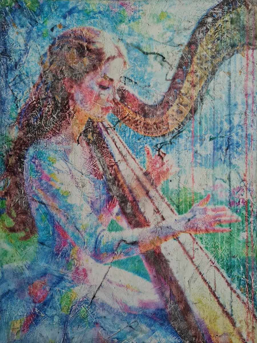 Abstract Portrait Acrylic Painting By Alessio Mazzarulli, 24 X 31, Playing A Harp (N.705), Original Artwork