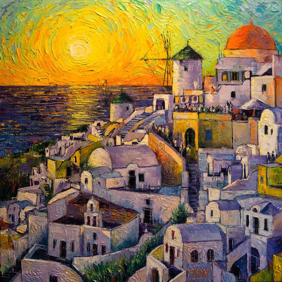SUNSET IN SANTORINI Modern Impressionist Palette Knife Oil Painting Mona Edulesco