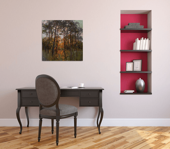 Autumn forest at sunset  Landscape painting