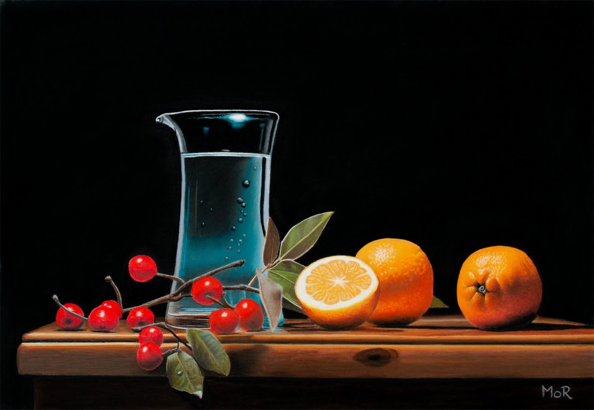 Photorealistic Still Life Pastel Drawing By Dietrich Moravec, 20 X 14, Berries, Oranges And Water Jug, Original Artwork