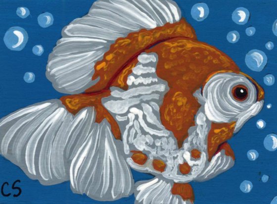 ACEO ATC Original Painting Fancy Goldfish Pet Art-Carla Smale