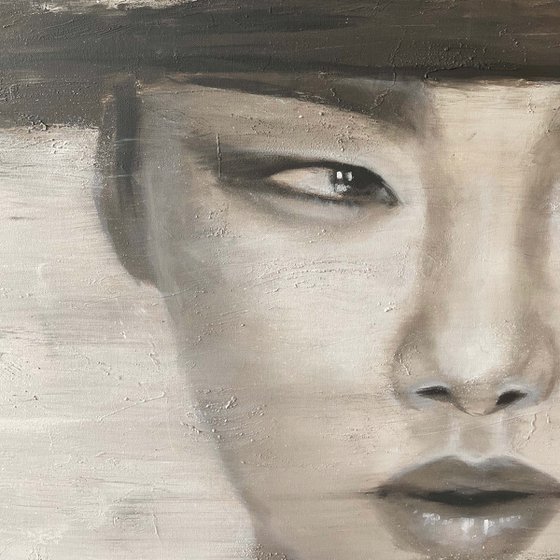 Yoon | Asian female model with hat contemporary portrait large painting oil on canvas ready to hang Painting by RK H