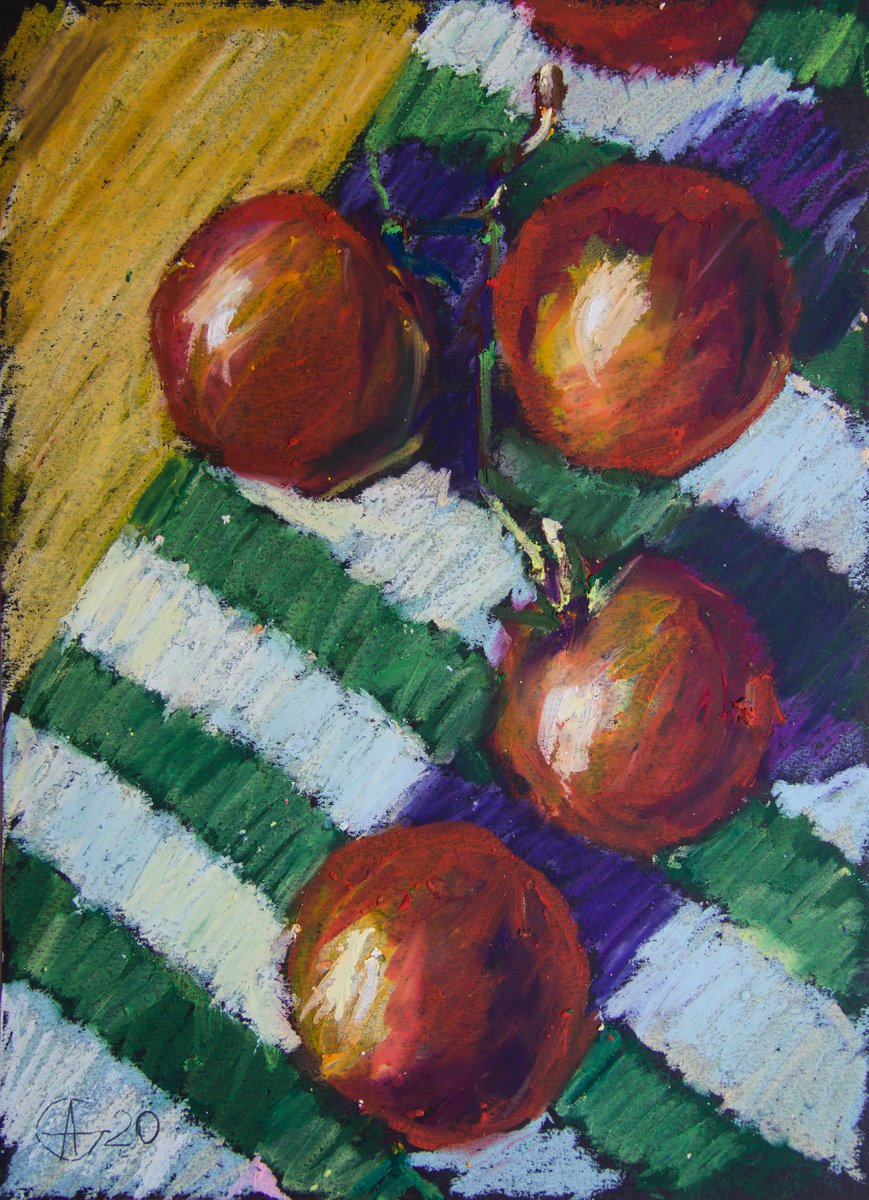 Summer tomatoes. Home isolation series. Oil pastel painting. original small veggies red st... by Sasha Romm
