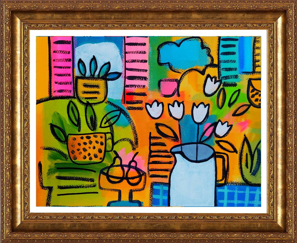 Abstract Still Life Acrylic Painting By Jan Rippingham, 15 X 12, White Jug And Tulips, Original Artwork