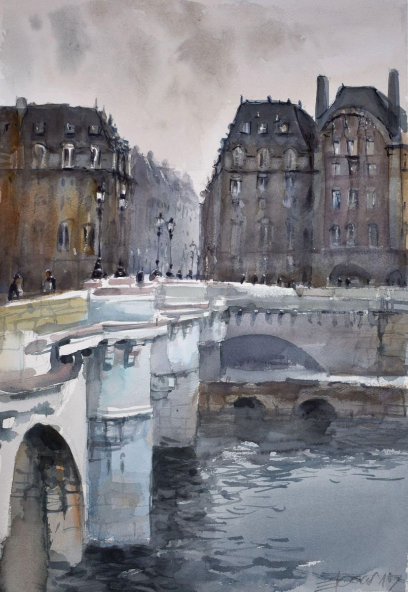 Cityscapes Watercolour By Goran Zigolic Watercolors, 15 X 22, Pont Neuf,Paris, Original Artwork