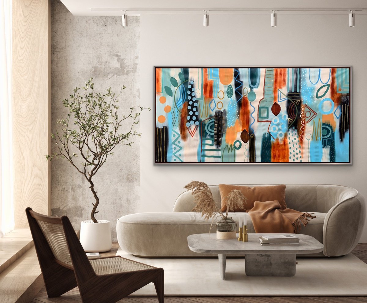 Organic Abstract Acrylic Painting By Rashna Hackett, 72 X 37", A Summer Evening, Original Artwork