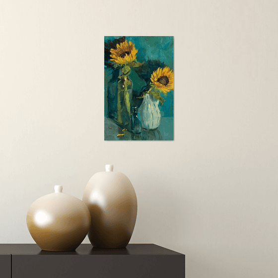 Sunflowers on deep blue