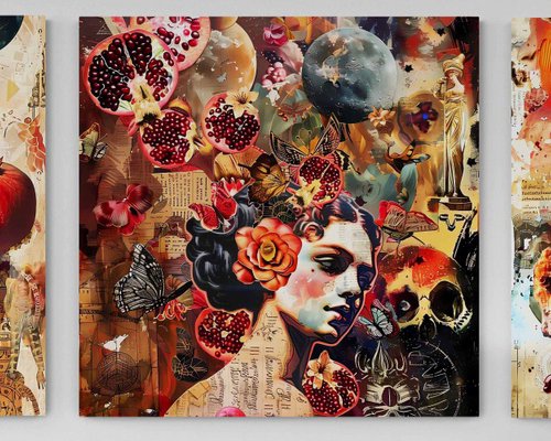 300 x 100 cm art Women and pomegranates. Colorful simbolic abstract huge artwork from 3 pieces. Bright red gold large wall art for home decor by BAST