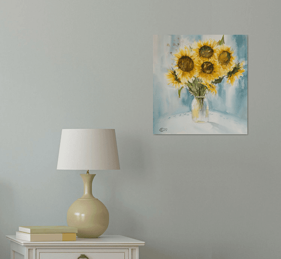 Sunflowers on turquoise. Medium format watercolor painting. Original bright interior provence decor yellow light gift