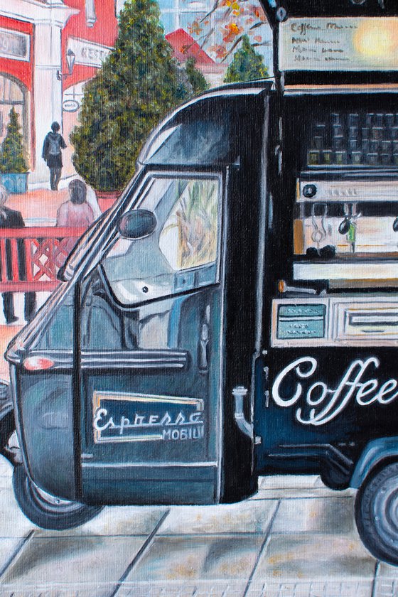 COFFEE TO GO by Vera Melnyk - (sityscape oil painting, Modern Home Decor, gift, New York Lovers, Wall Art, Barista, life style, coffee time)